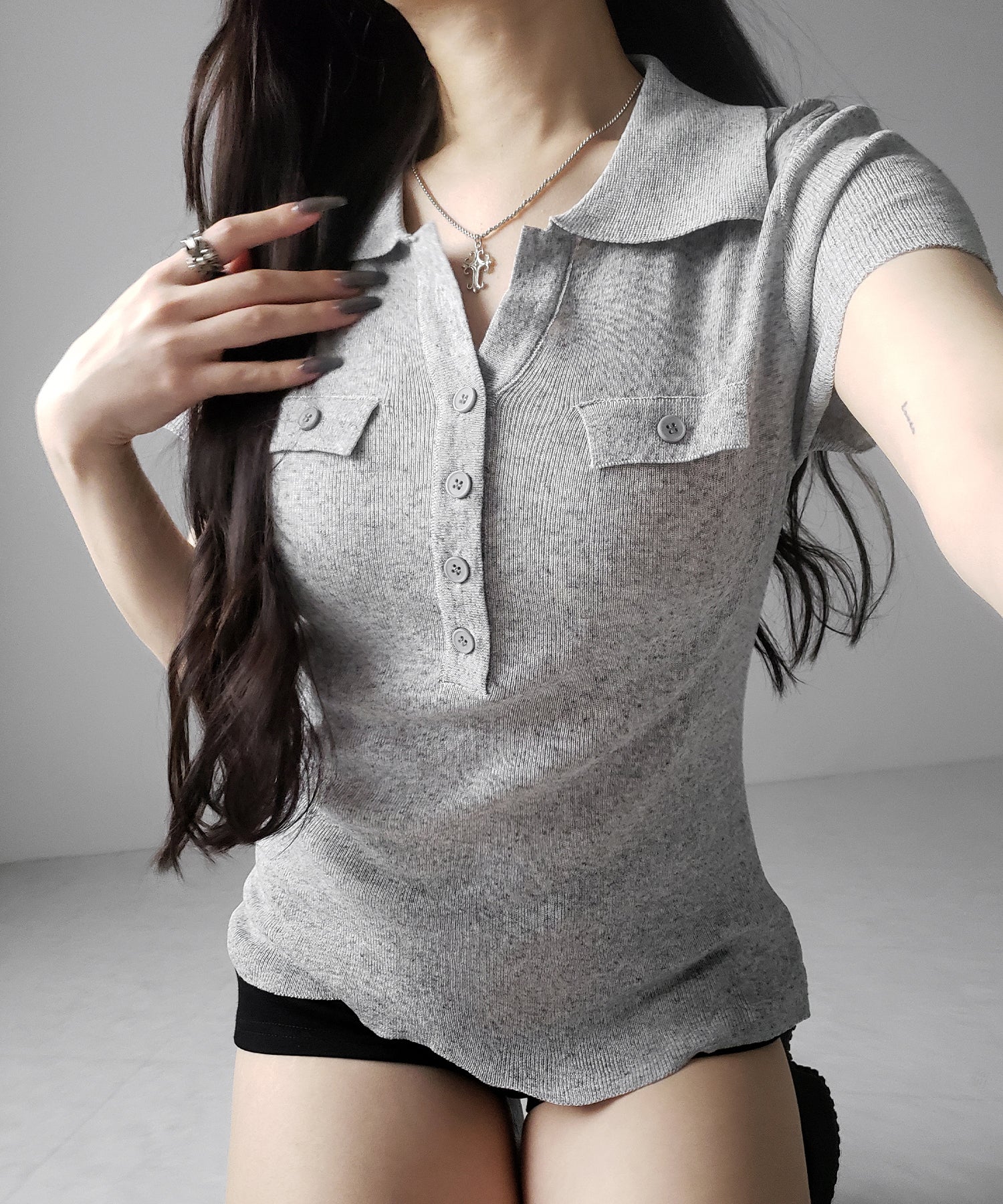 スキッパーボタンロングシアーニットトップス / skipper button long sheer knit tops