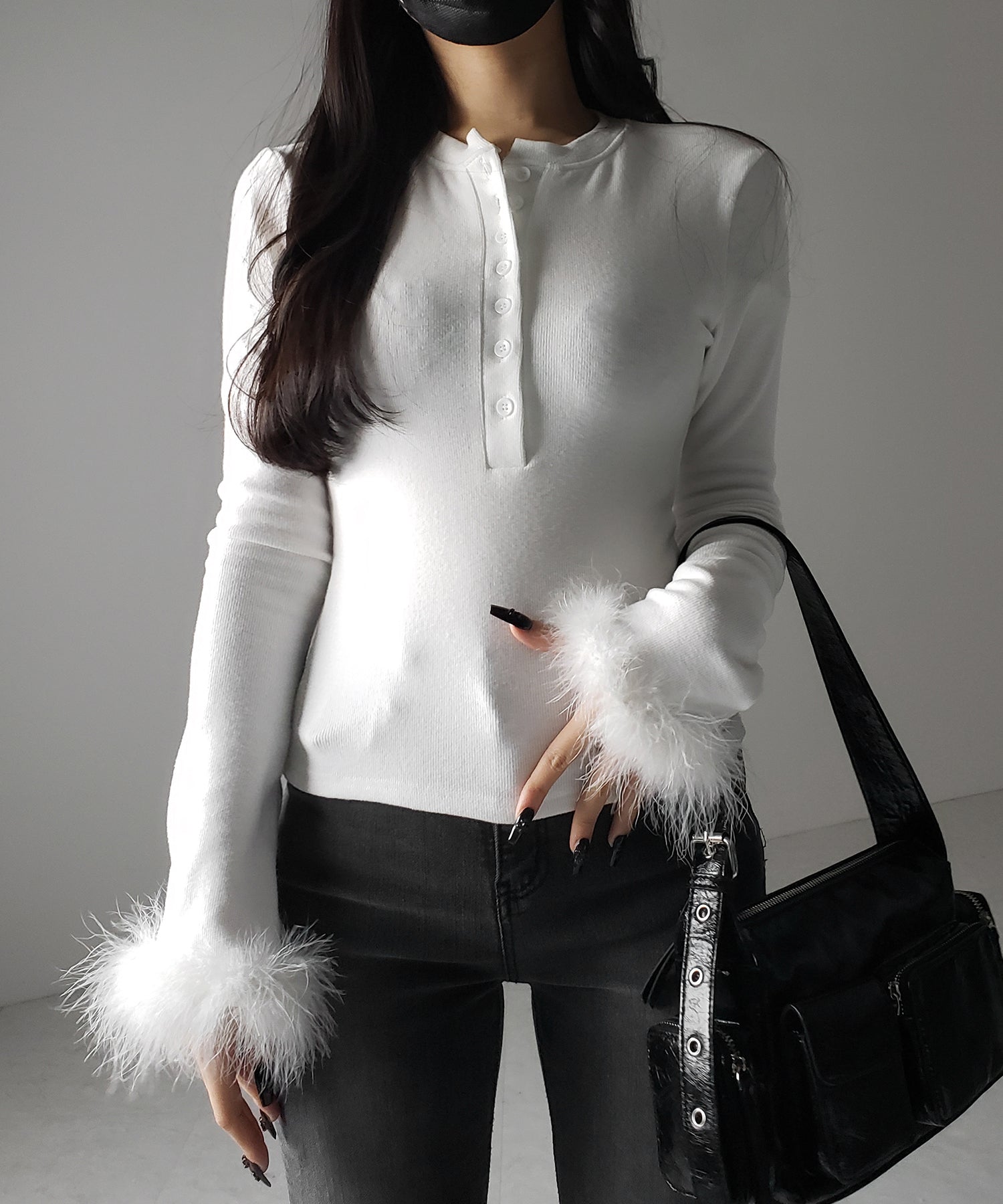 【 2color 】ファースリーブヘンリーネックリブトップス / fur sleeve henley neck lib tops