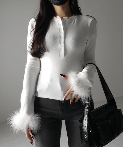 【 2color 】ファースリーブヘンリーネックリブトップス / fur sleeve henley neck lib tops