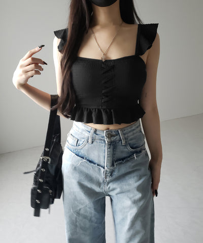 【 レディース水着/2点セット 】レースアップショルダーフリルハイウエストフレアビキニ / lace-up shoulder frill high waist flare bikini