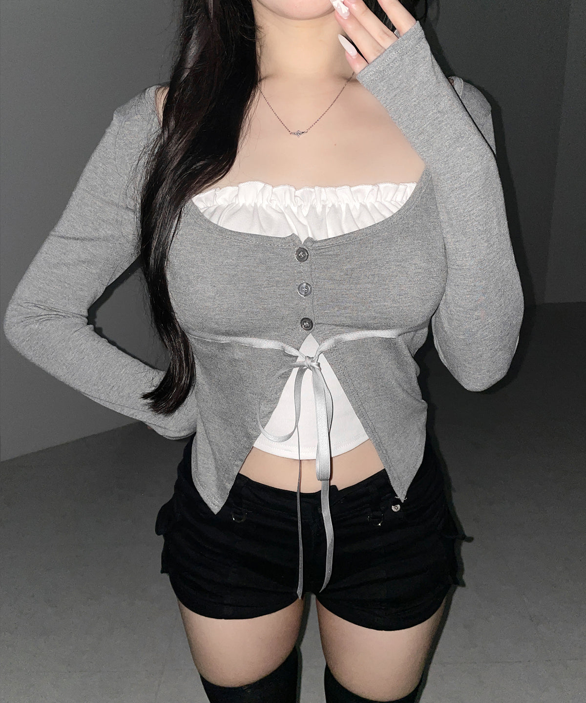 フリルレイヤードリボンカーディガントップス / frill layered ribbon cardigan tops