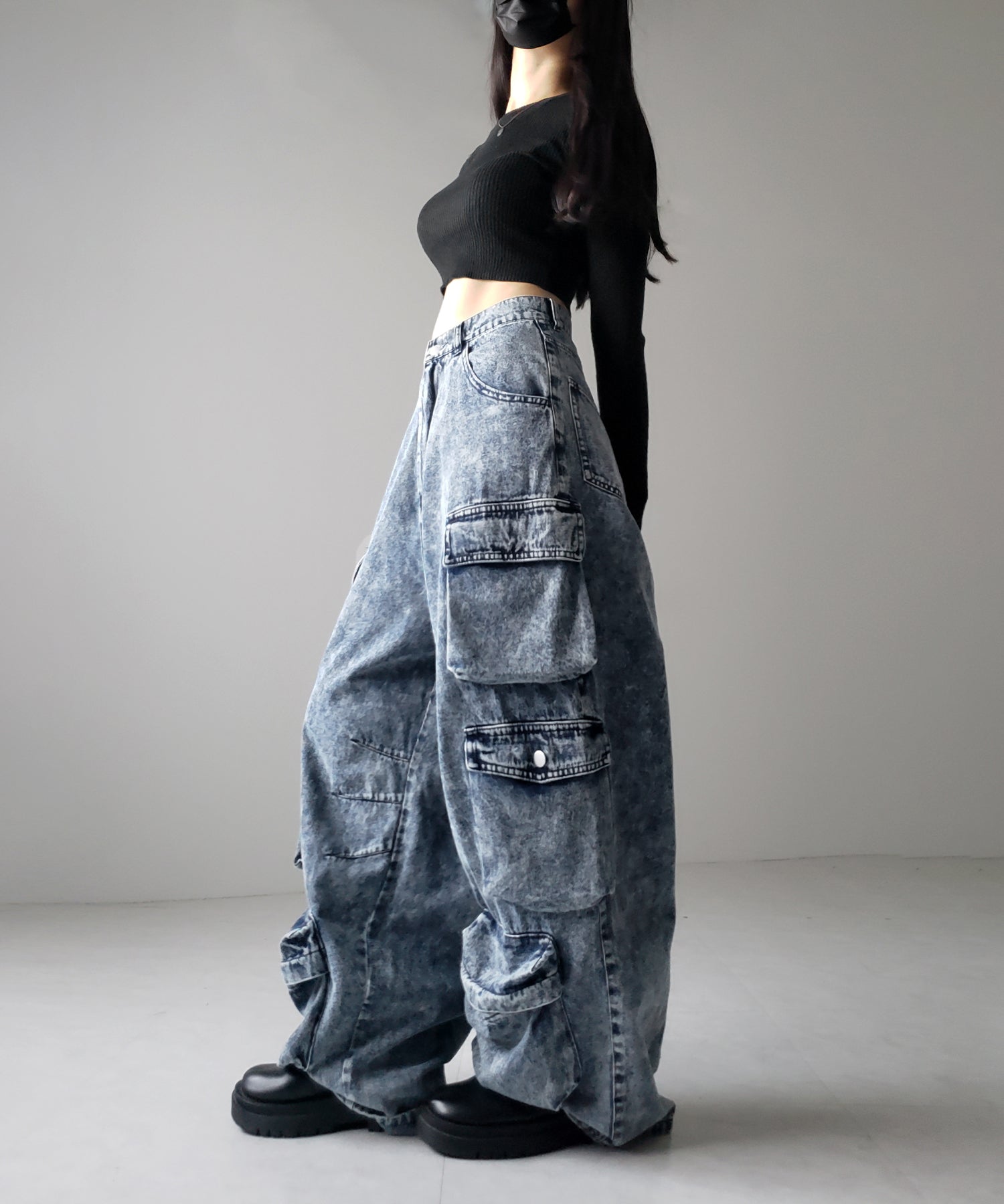 【 デニムセットアップ着用可能 】ヴィンテージケミカルブリーチヘビーワイドカーゴデニム / vintage chemical bleach heavy wide cargo denim