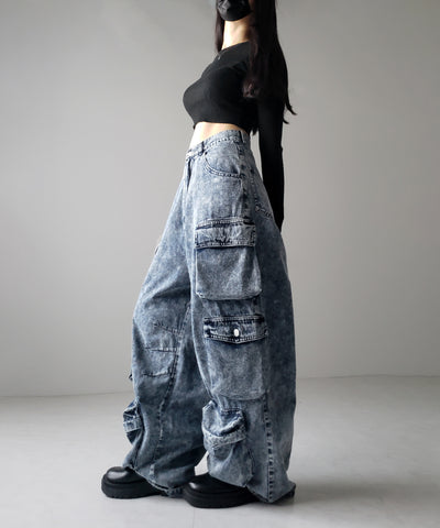 【 デニムセットアップ着用可能 】ヴィンテージケミカルブリーチヘビーワイドカーゴデニム / vintage chemical bleach heavy wide cargo denim