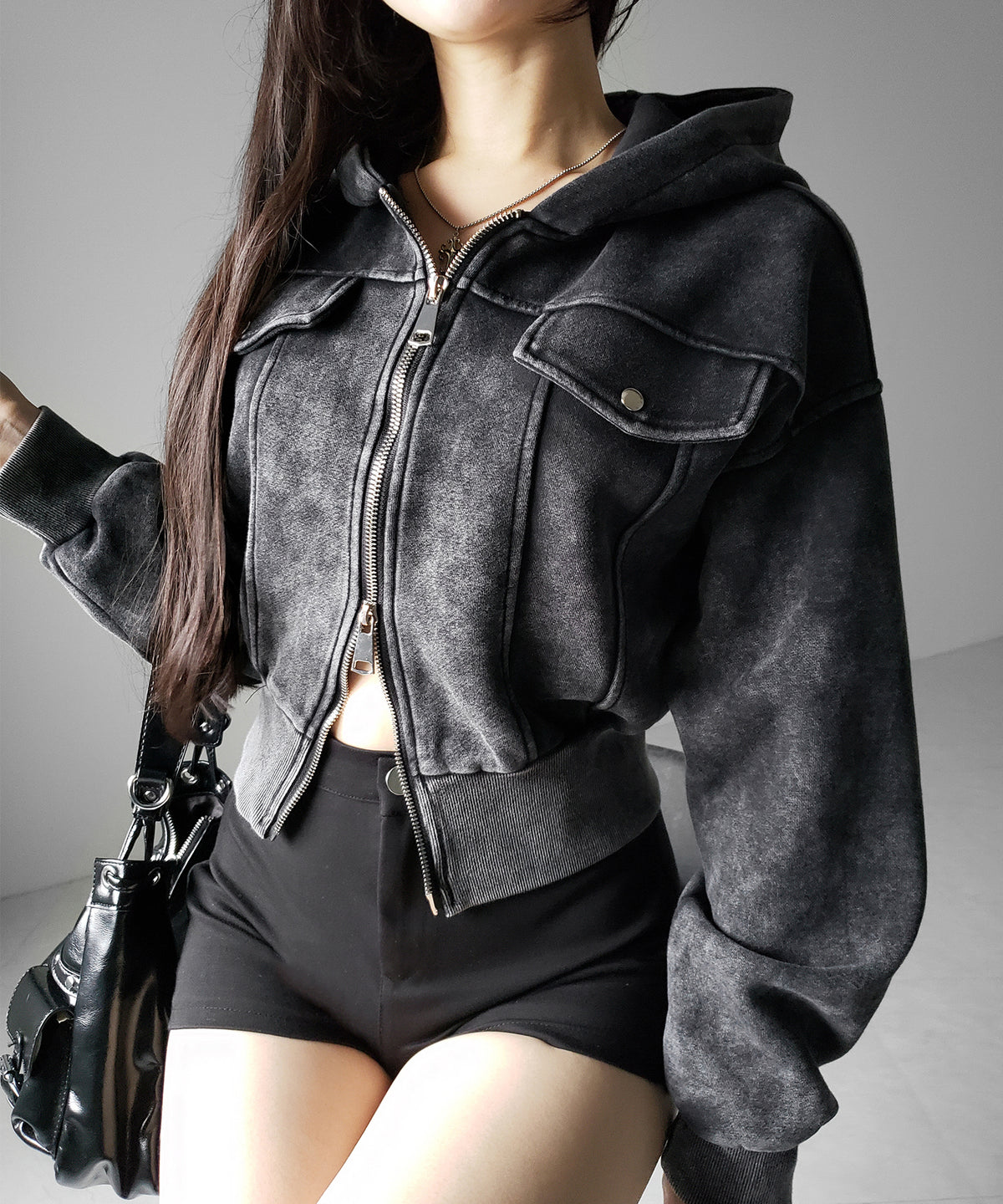 ピグメントダブルジップショートパーカー / pigment double zip short hoodie