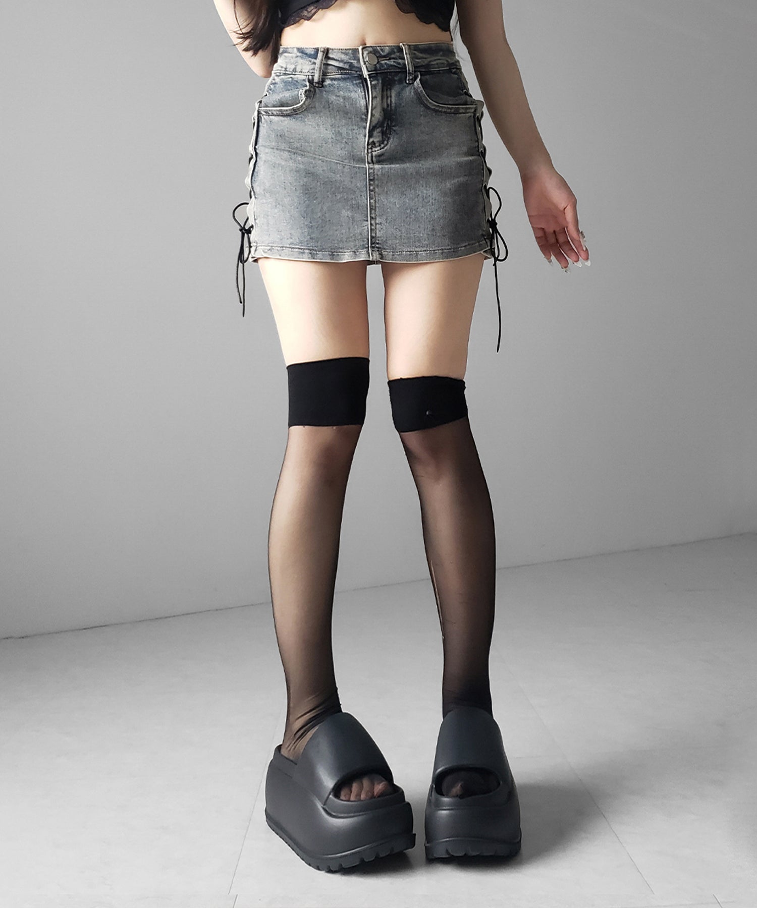 レースアップストレッチデニムミニスカパン / lace up stretch denim mini skirt pants