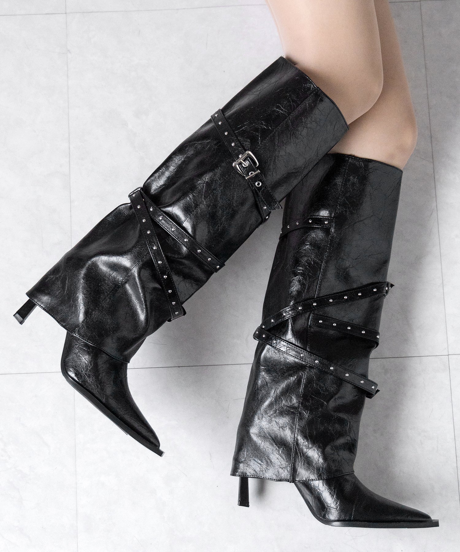 ヴィンテージレザーベルテッドロングカバーブーツ /vintage leather belted long cover boots