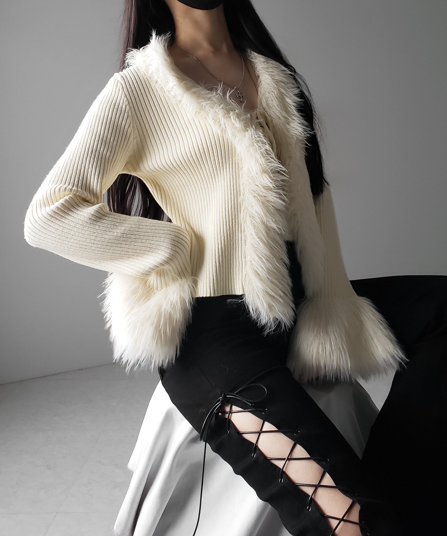 シャギーファードッキングリブニットカーディガン / shaggy fur docking rib knit cardigan