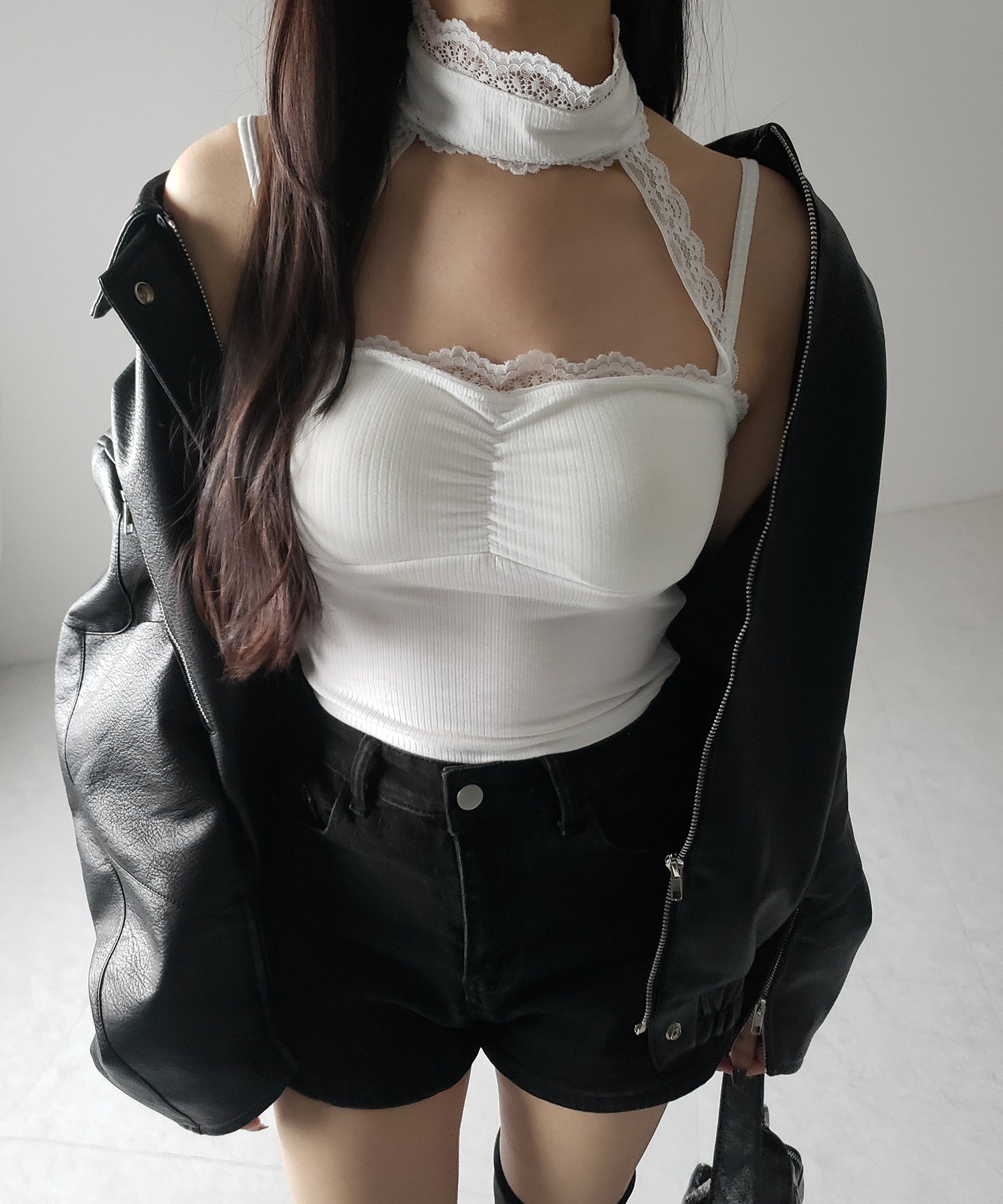 【 カップ付 】レースチョーカーストラップリブキャミソール / lace choker strap lib camisole