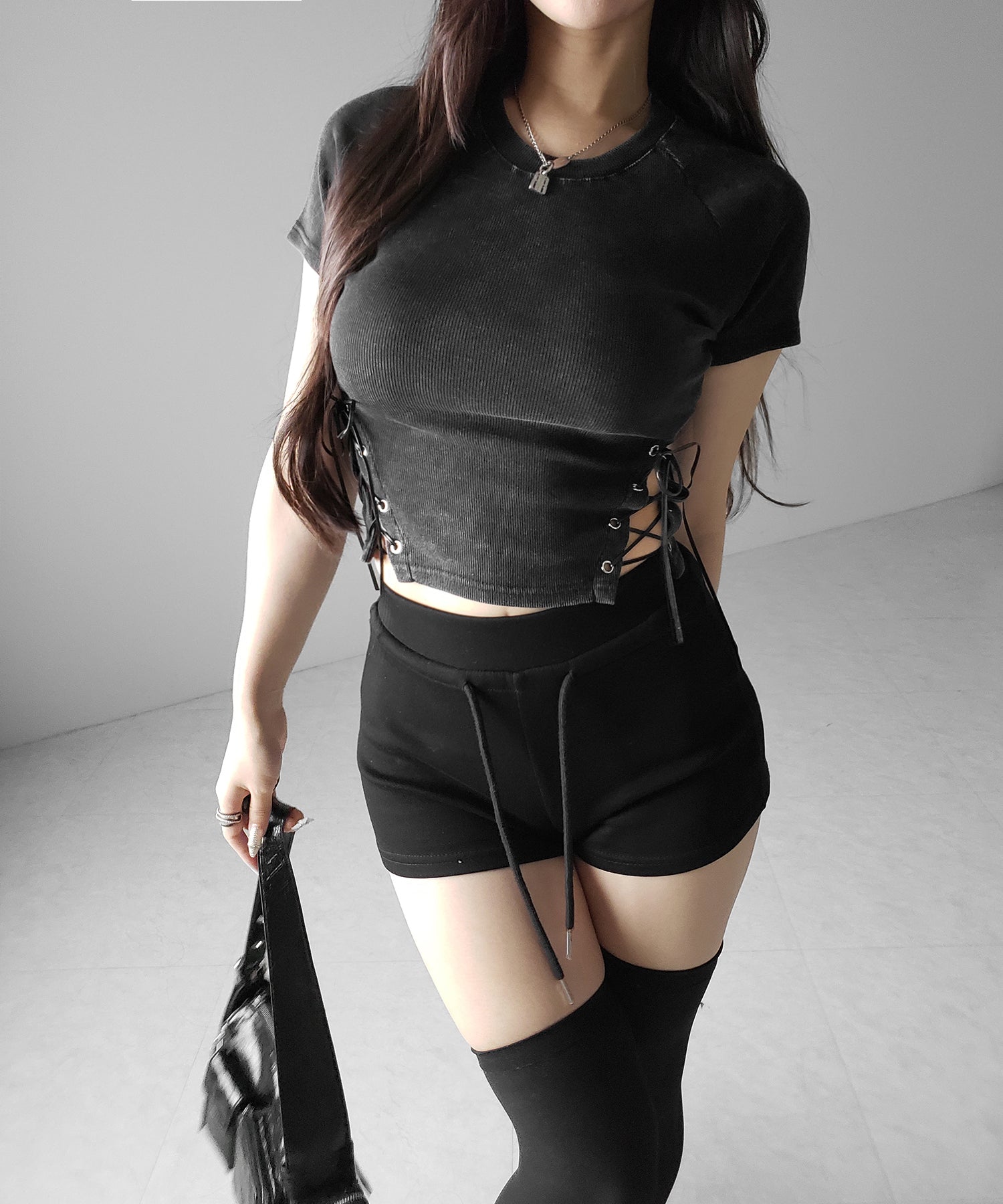 ヴィンテージサイドレースアップカットアウト半袖ショートTシャツ / vintage side lace up cutout short short sleeve T-shirts