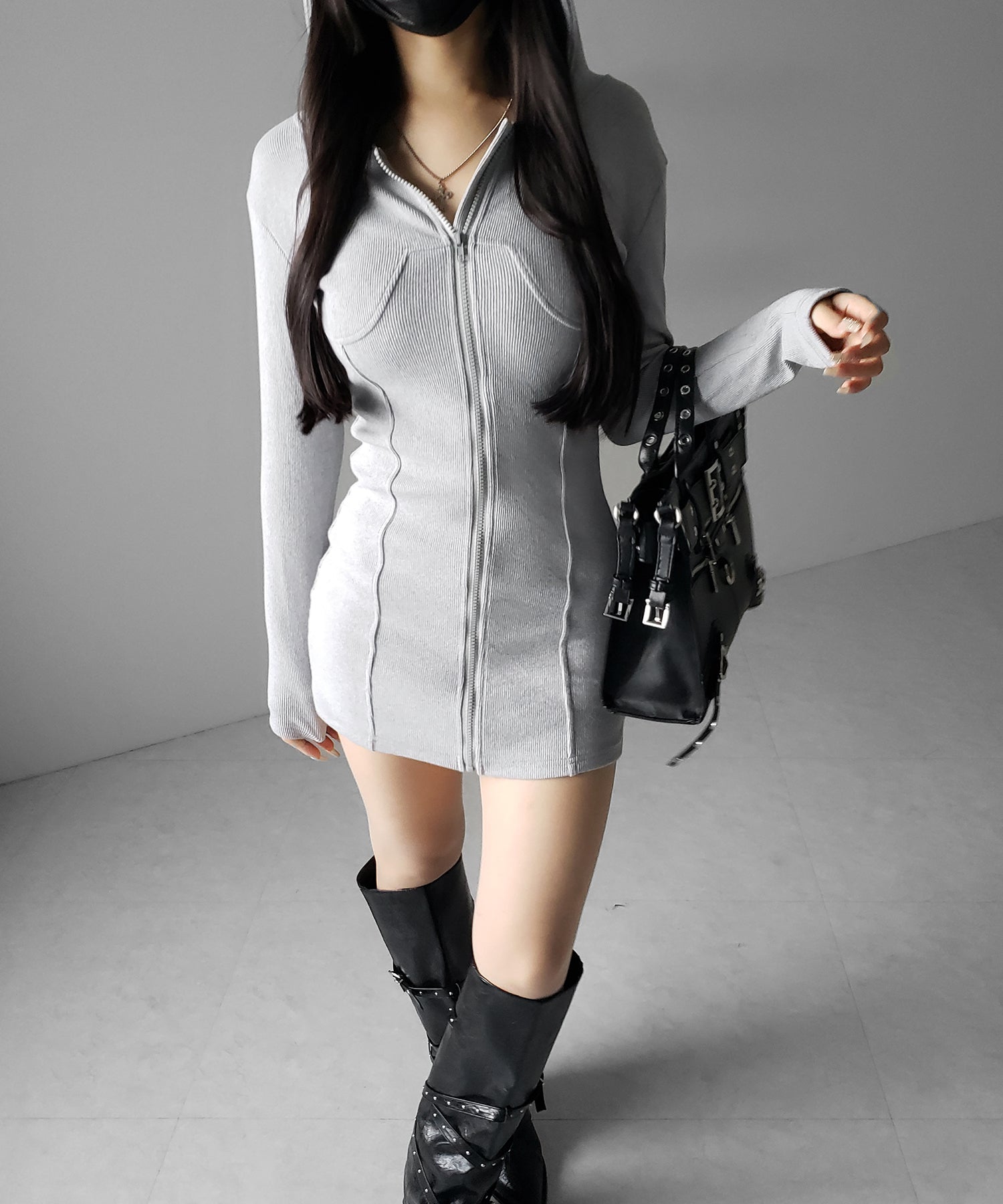 フーディジップアップスリムラインミニワンピース / Hoodie zip up slimline mini onepiece