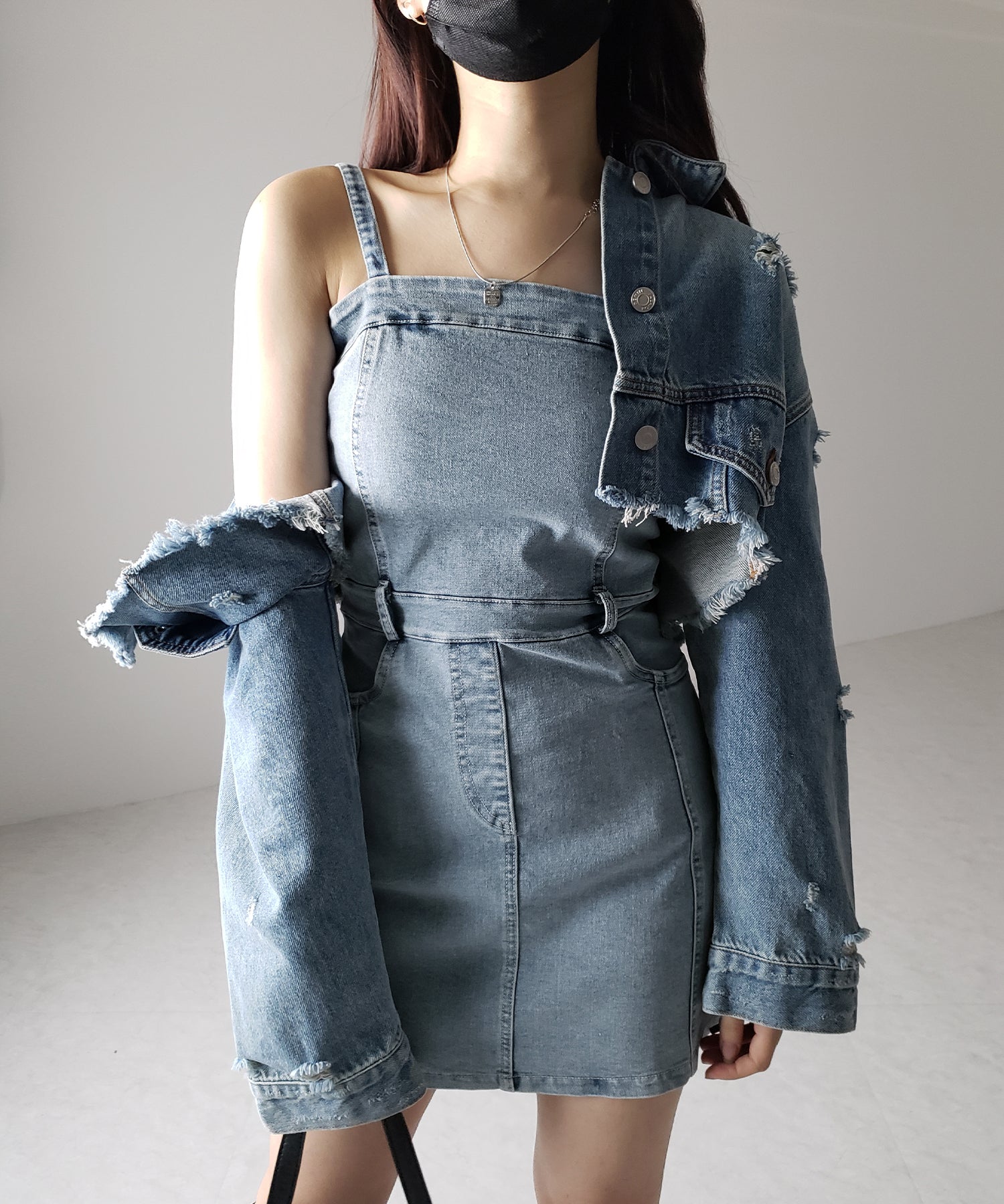 【 2color 】ウォッシュデニムハイウエストミニキャミワンピース / wash denim high waist mini cami onepiece