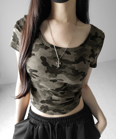 ヴィンテージカモフラスクエアネックショートTシャツ / vintage camouflage square neck short T-shirt