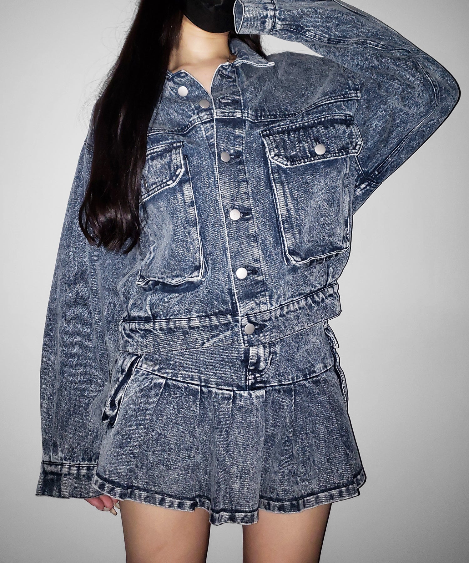 【 セットアップ着用可能 】ヴィンテージケミカルブリーチプリーツデニムミニスカート / vintage bleached pleated denim mini skirt