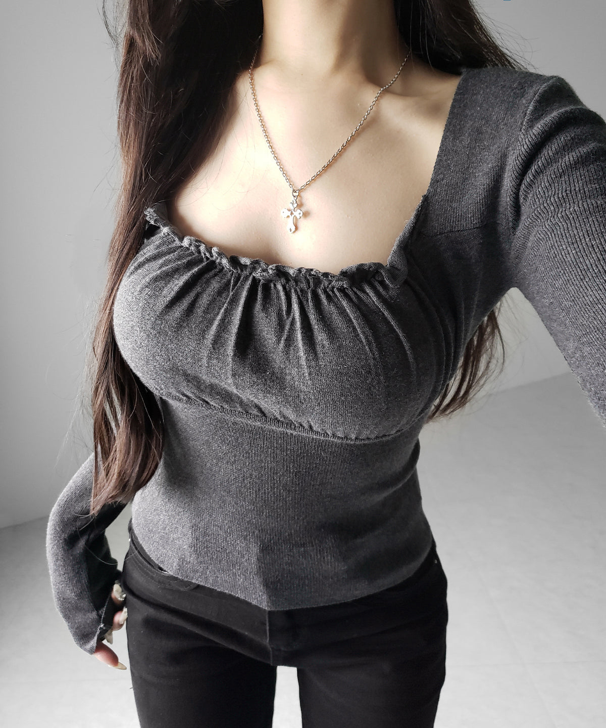 フリルギャザースクエアネック長袖ニットトップス / frill gather square neck longsleeve knit tops