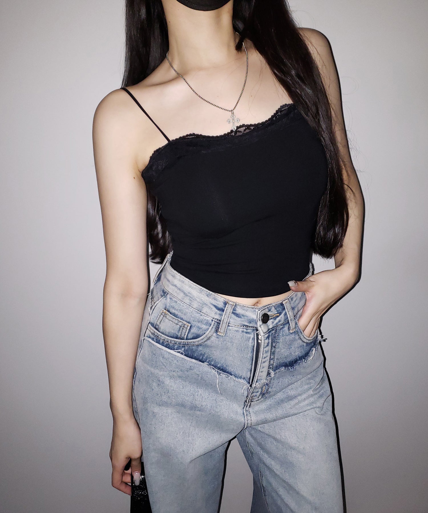 【 3color 】レース切替スクエアクロップドキャミソール / Lace switched square cropped camisole