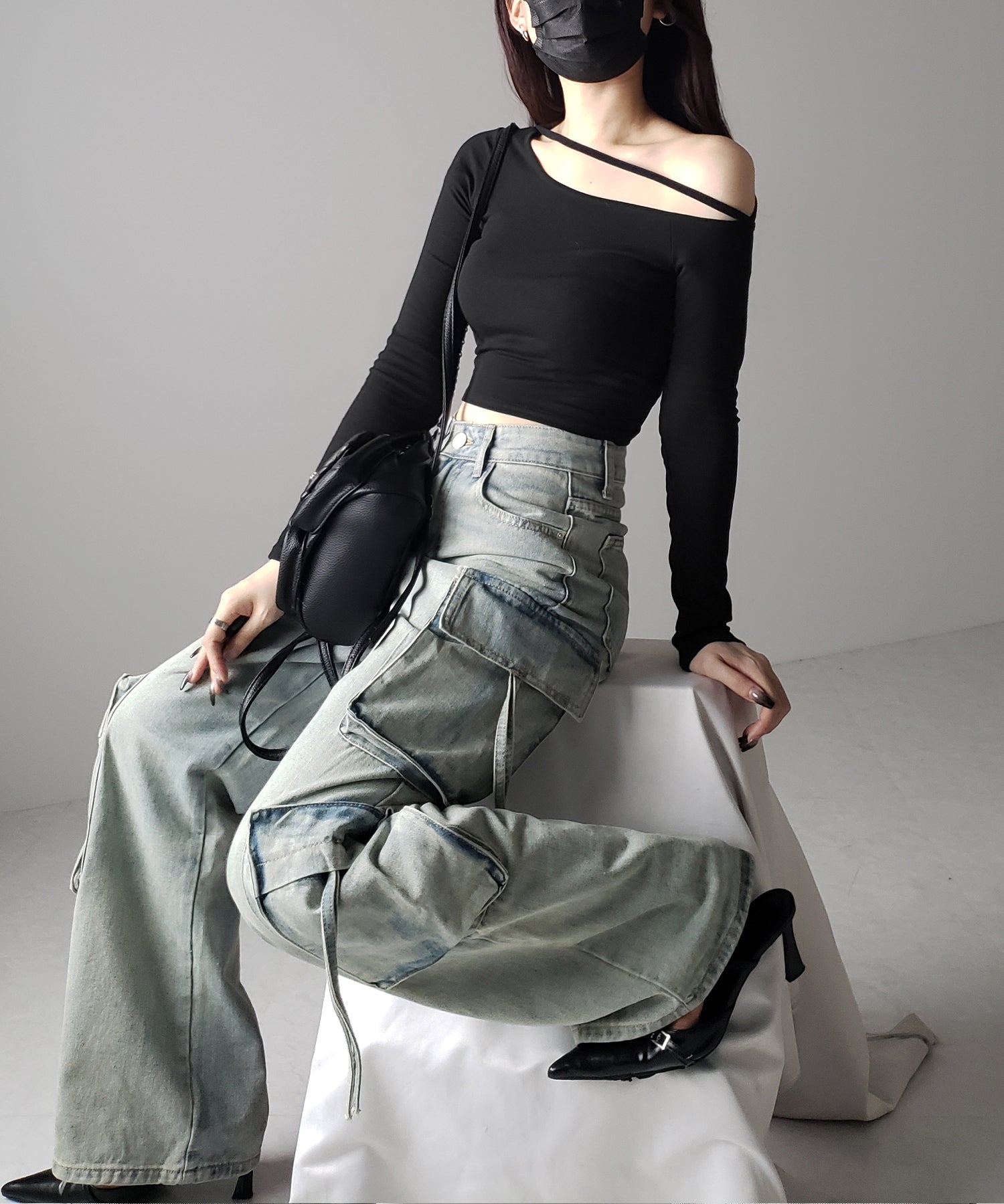 【 3color 】ストラップワンショルダーショートカットソートップス / strap one shoulder short cutsew tops