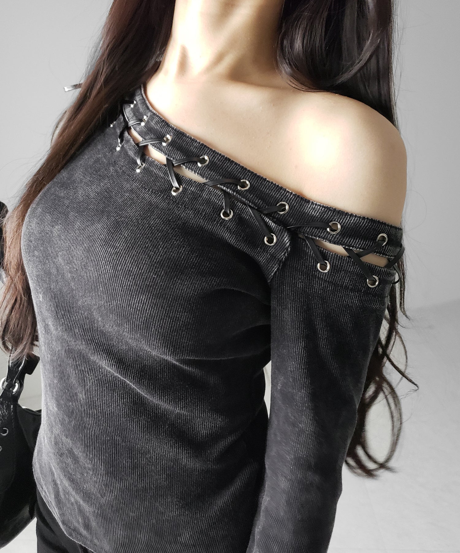 ヴィンテージカットアウトレースアップワンショルリブトップス / vintage cutout laceup one shoulder lib tops
