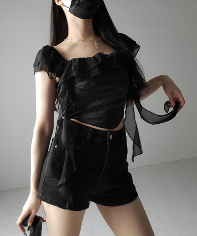 【 2WAY 】シアーフリルコルセットサテンショートブラウス / sheer frill corset satin short blouse