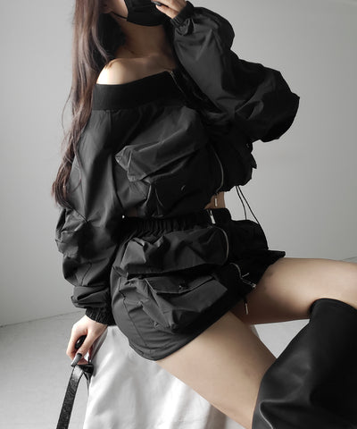 【 セットアップ 】アウトポケットオフショルカーゴブルゾン & ダブルジップカーゴミニスカート SET / out pocket off shoulder cargo blouson & double zip cargo mini skirt SET