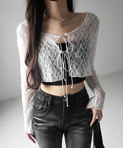 ダブルストラップリボンショートレースカーディガン /double strap ribbon short lace cardigan