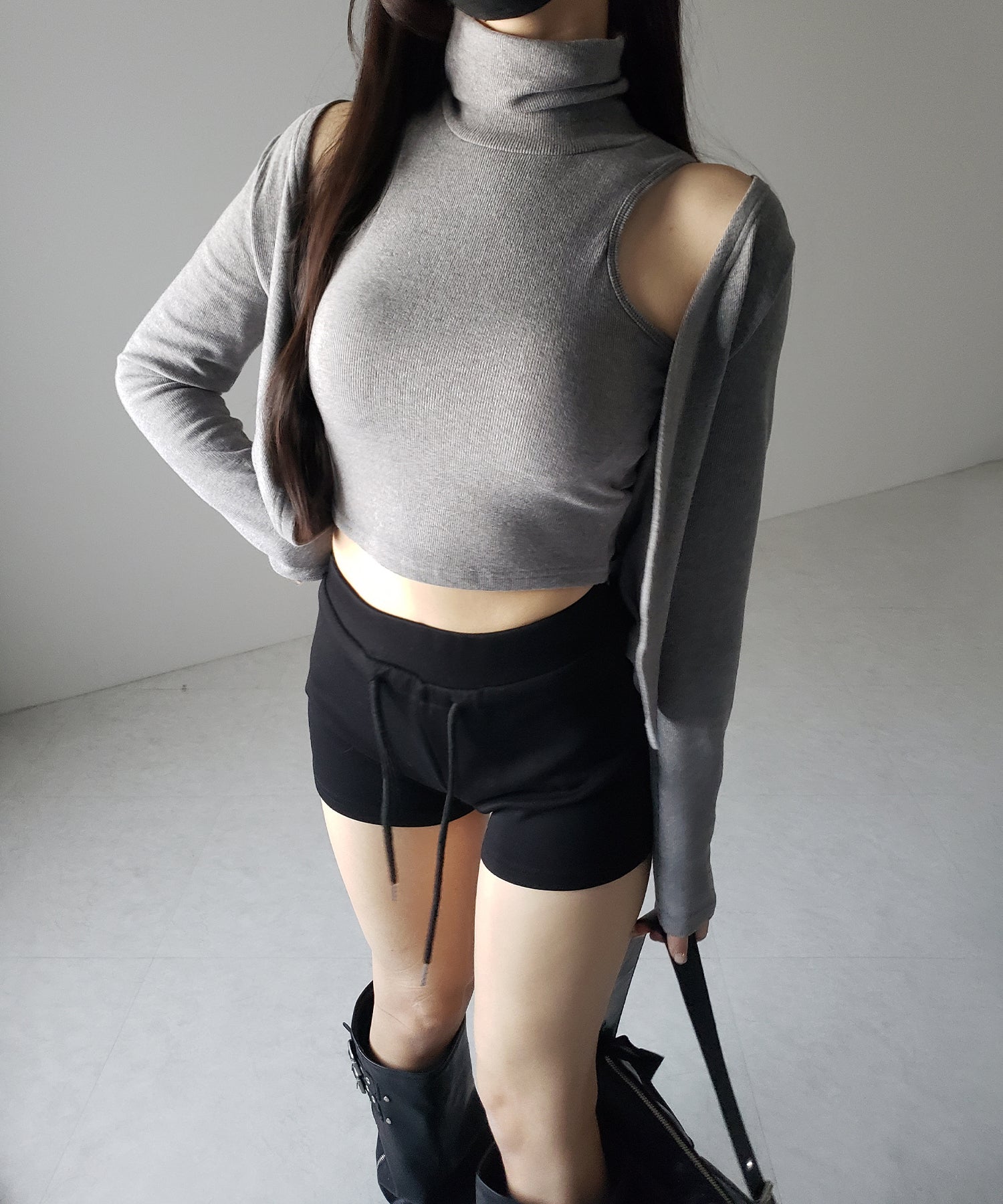 【 裏微起毛 / 2点セット 】ハイネックノースリーブトップス + ショートカーディガン SET / high neck nosleeve tops + short cardigan SET