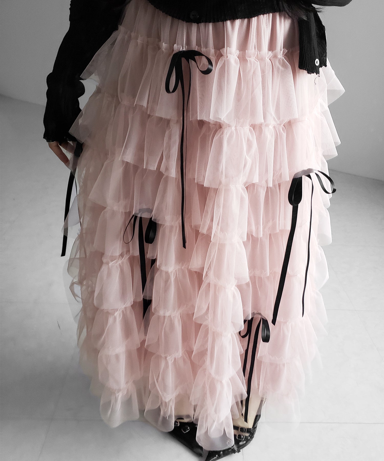 【 新色ピンク追加!/5color 】ストラップリボンバレエコアチュールスカート /strap ribbon ballet core tulle skirt