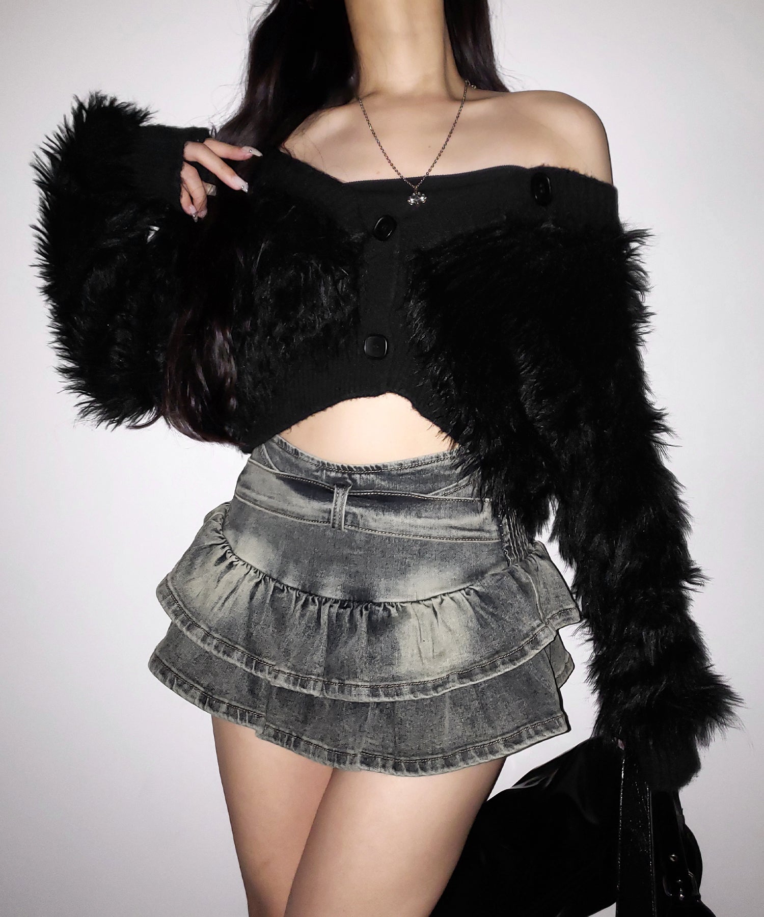 【 2color 】ベルテッドフリルヴィンテージデニムミニスカパン / Belted frill vintage denim mini skirt pants