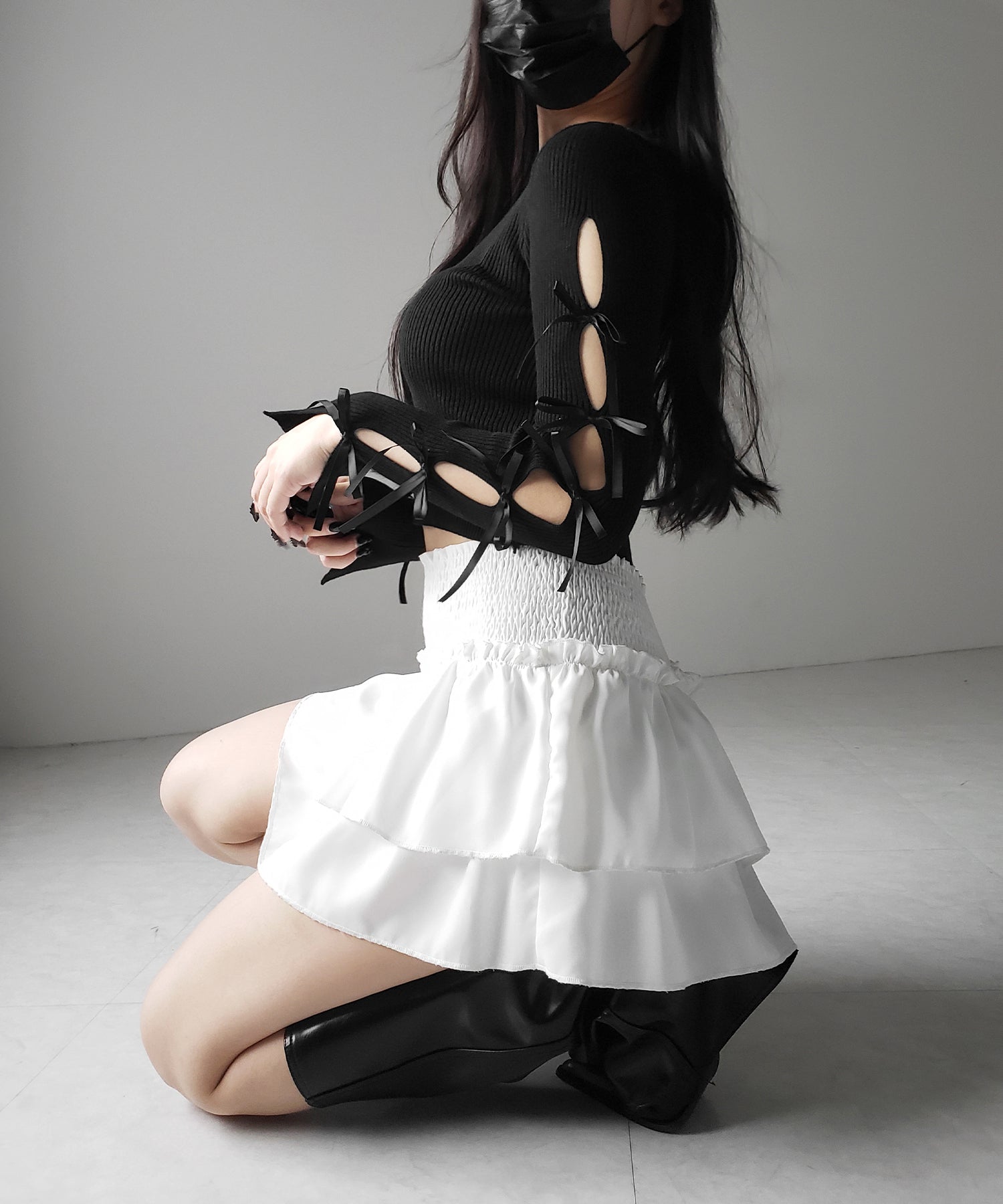 【 2color 】カットアウトリボンショートリブニット / cut out ribbon short rib knit