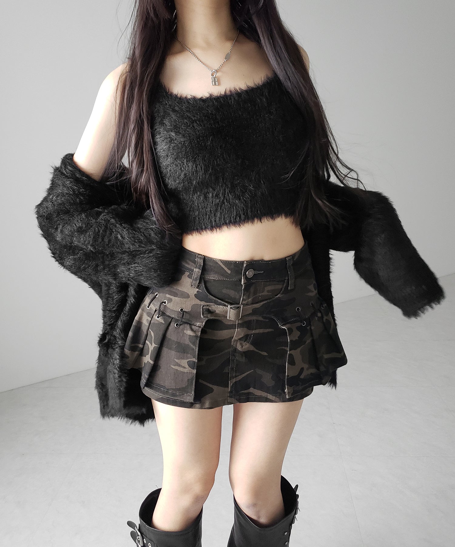 【 インパン裏地付 】カモフラベルテッドマイクロプリーツミニスカパン / camouflage belted micro pleats skirt pants