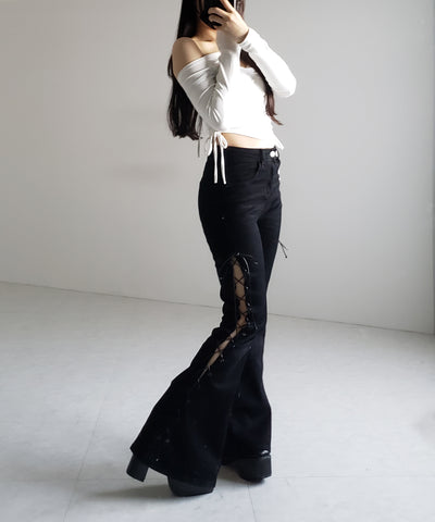レースアップカットアウトストレッチフレアデニム / lace up cutout stretch flare denim