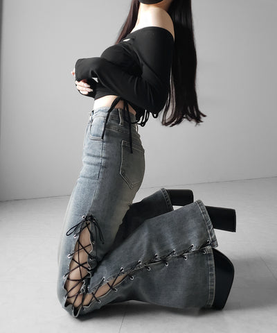 レースアップカットアウトストレッチフレアデニム / lace up cutout stretch flare denim