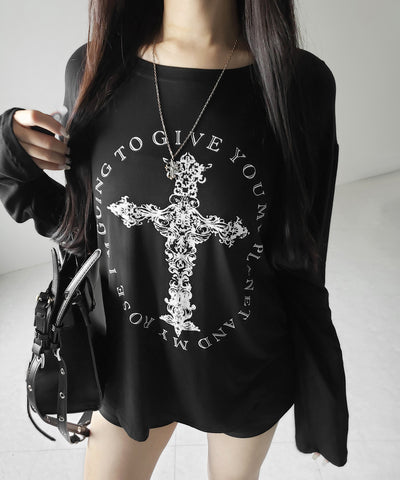 【 ワンショルにできる2way 】クロスロゴプリントワンショルルーズシアーTシャツ / 2WAY cross logo print one shoulder loose sheer T-shirt