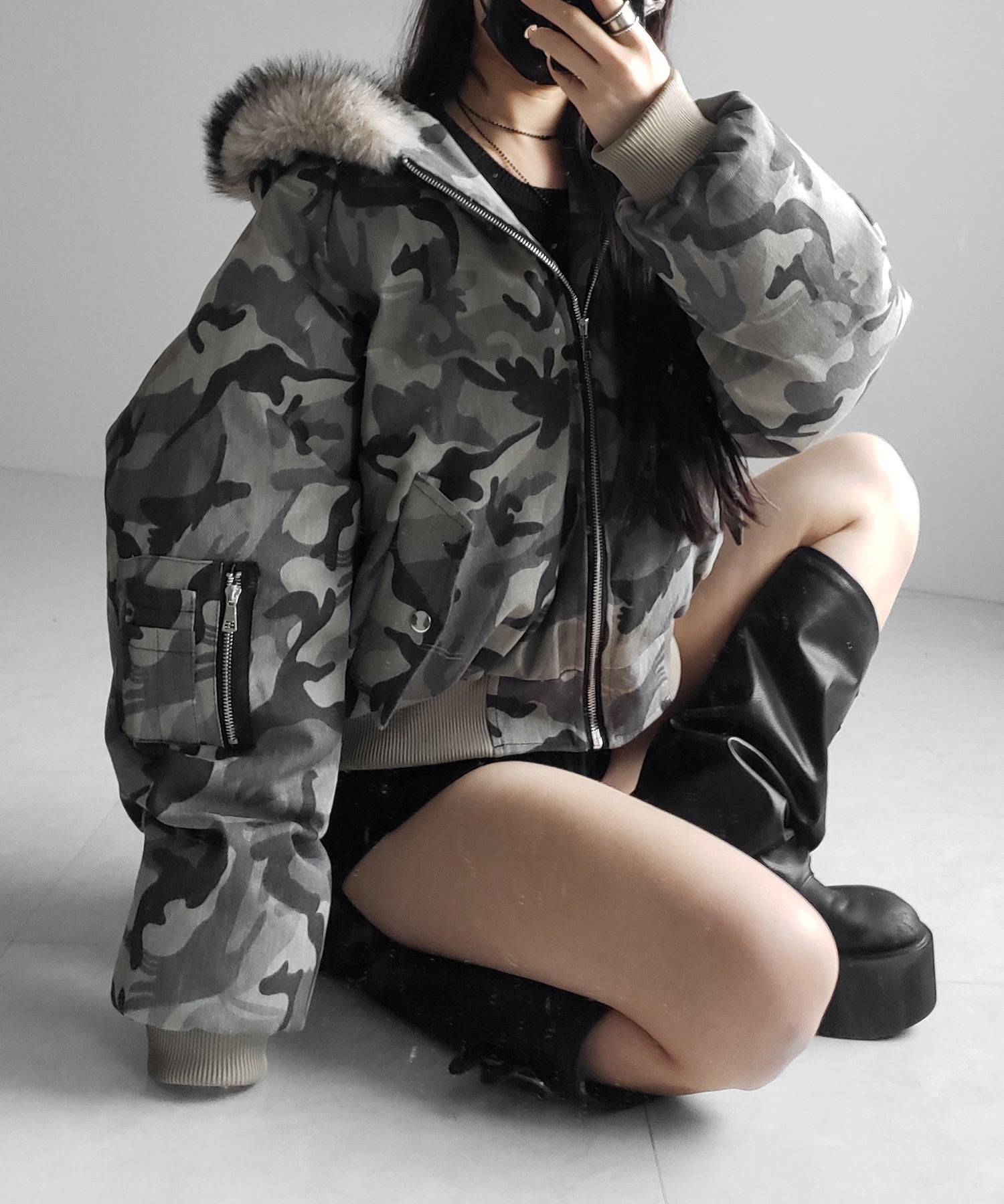 カモフラフェイクファーフーディ中綿ジャケット / camouflage fake fur hoodie down jacket