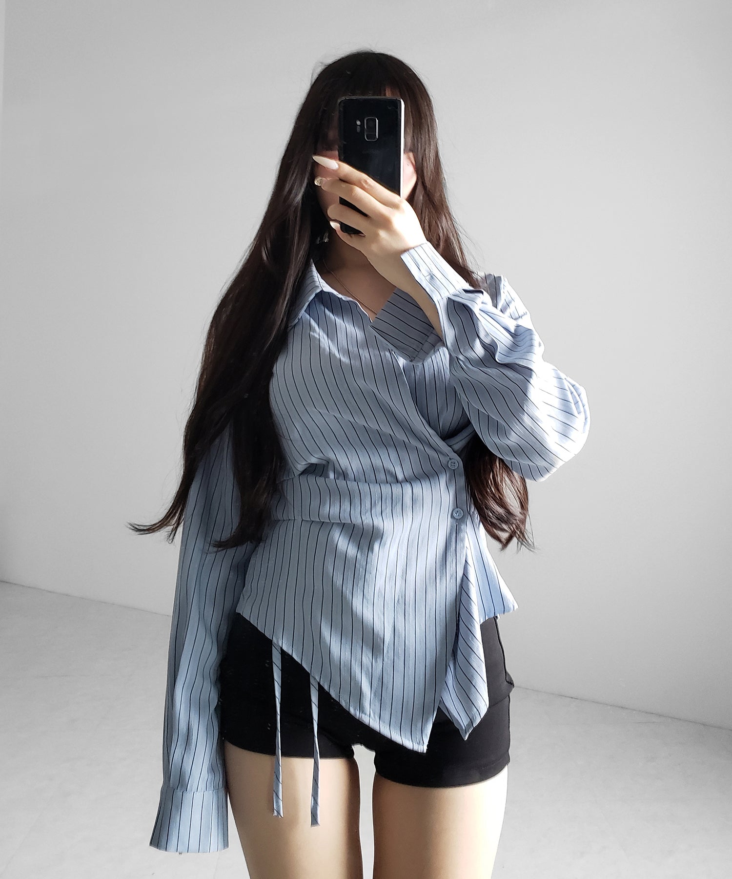 タックレイヤードアシンメトリーミディシャツ / tuck layered asymmetry midi shirts