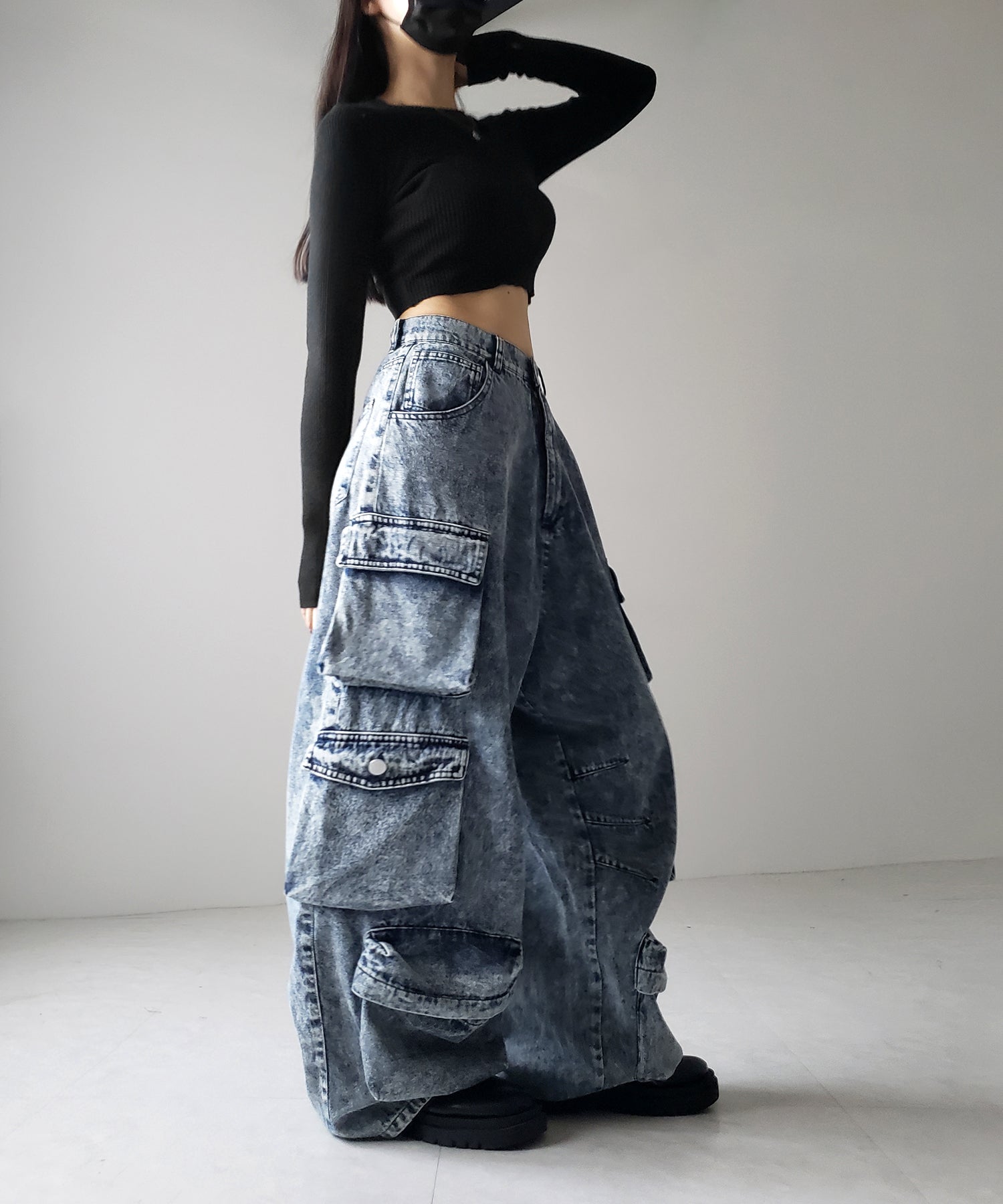 【 デニムセットアップ着用可能 】ヴィンテージケミカルブリーチヘビーワイドカーゴデニム / vintage chemical bleach heavy wide cargo denim