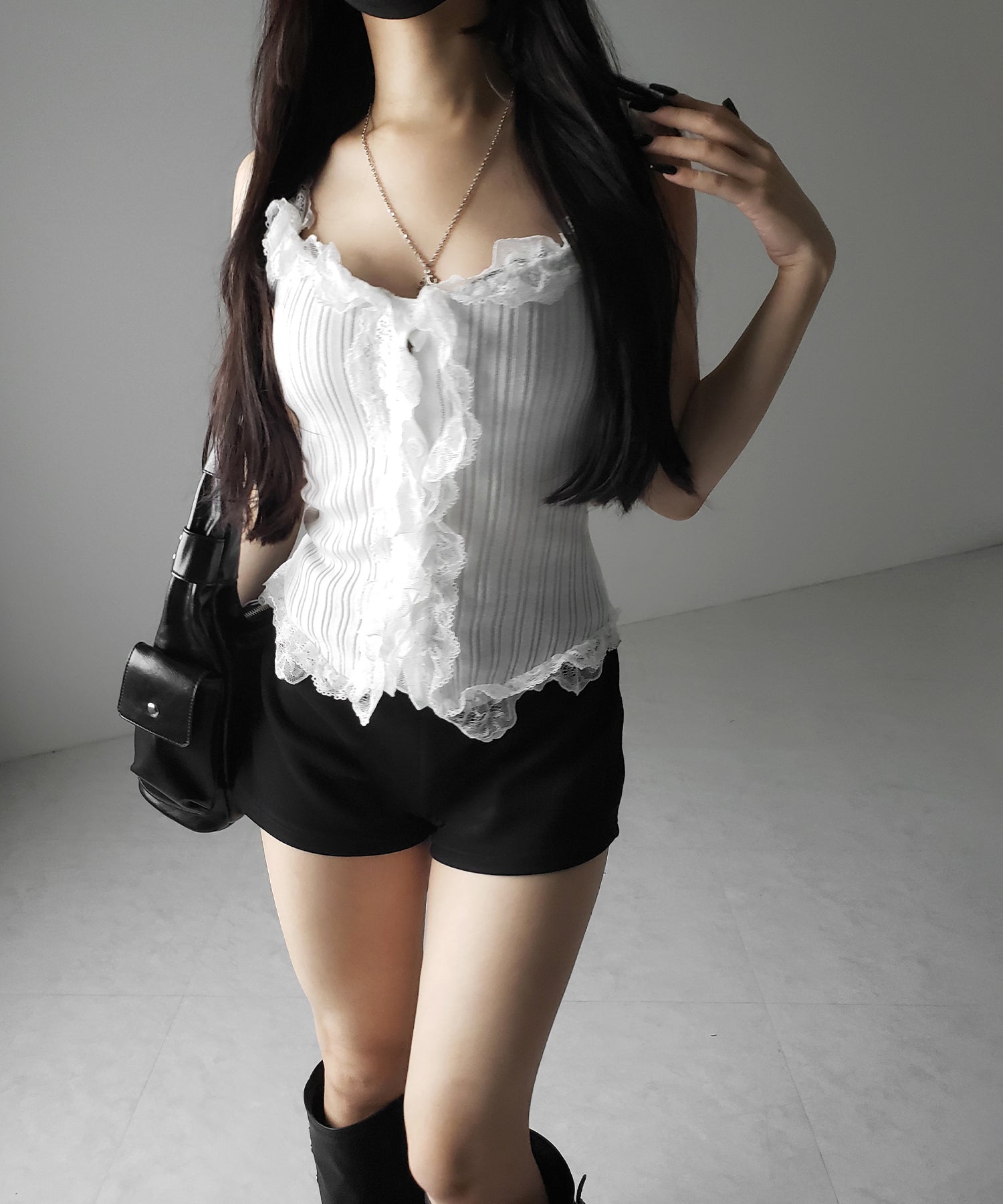 【 2color 】レースフリルドッキングリブニットキャミタンク / lace frill docking lib knit cami tank