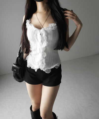 レースフリルドッキングリブニットキャミタンク / lace frill docking lib knit cami tank