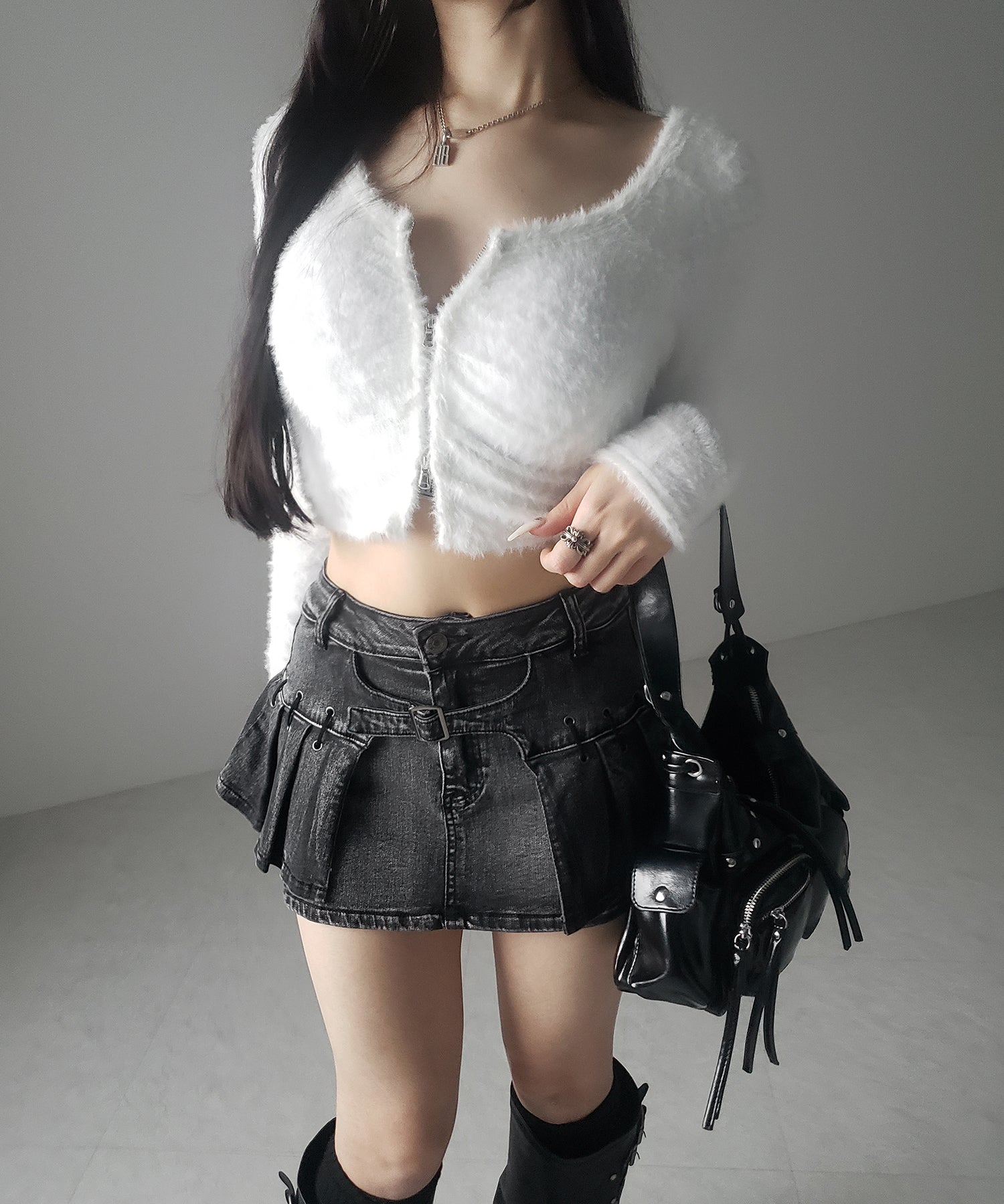【 インパン裏地付 】ベルテッドマイクロプリーツデニムミニスカパン / belted micro pleats denim skirt pants