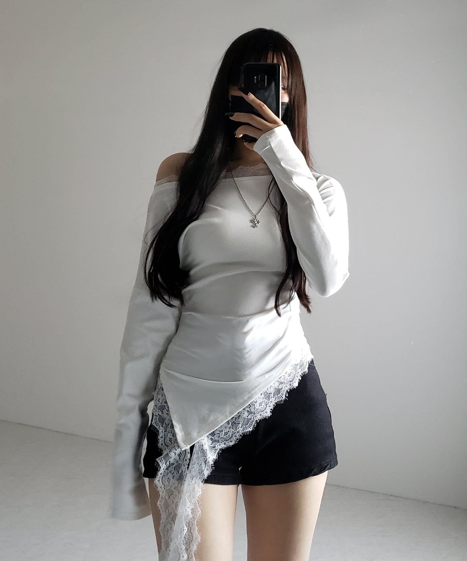【 2color 】ワンショルダーレースドッキングアシンメトリートップス / one shoulder lace docking asymmetry tops