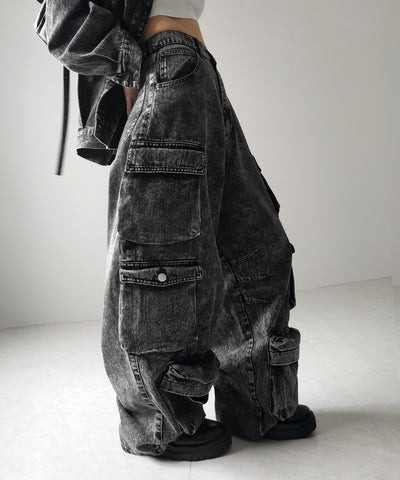 【 デニムセットアップ着用可能 】ヴィンテージケミカルブリーチヘビーワイドカーゴデニム / vintage chemical bleach heavy wide cargo denim