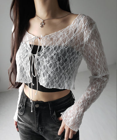 ダブルストラップリボンショートレースカーディガン /double strap ribbon short lace cardigan