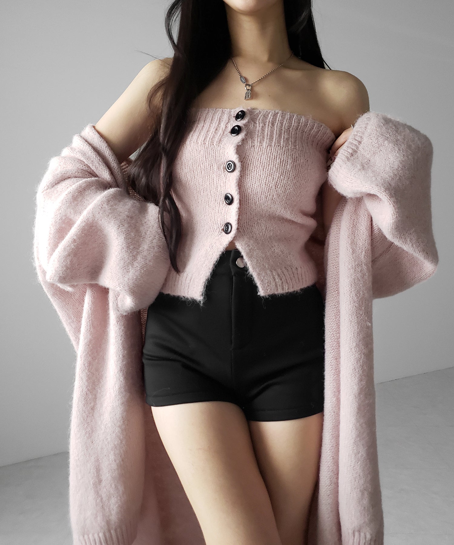 【 新色追加 /2点セット 】ニットボタンビスチェ +ロングカーディガンセット / knit button bustier + long cardigan set