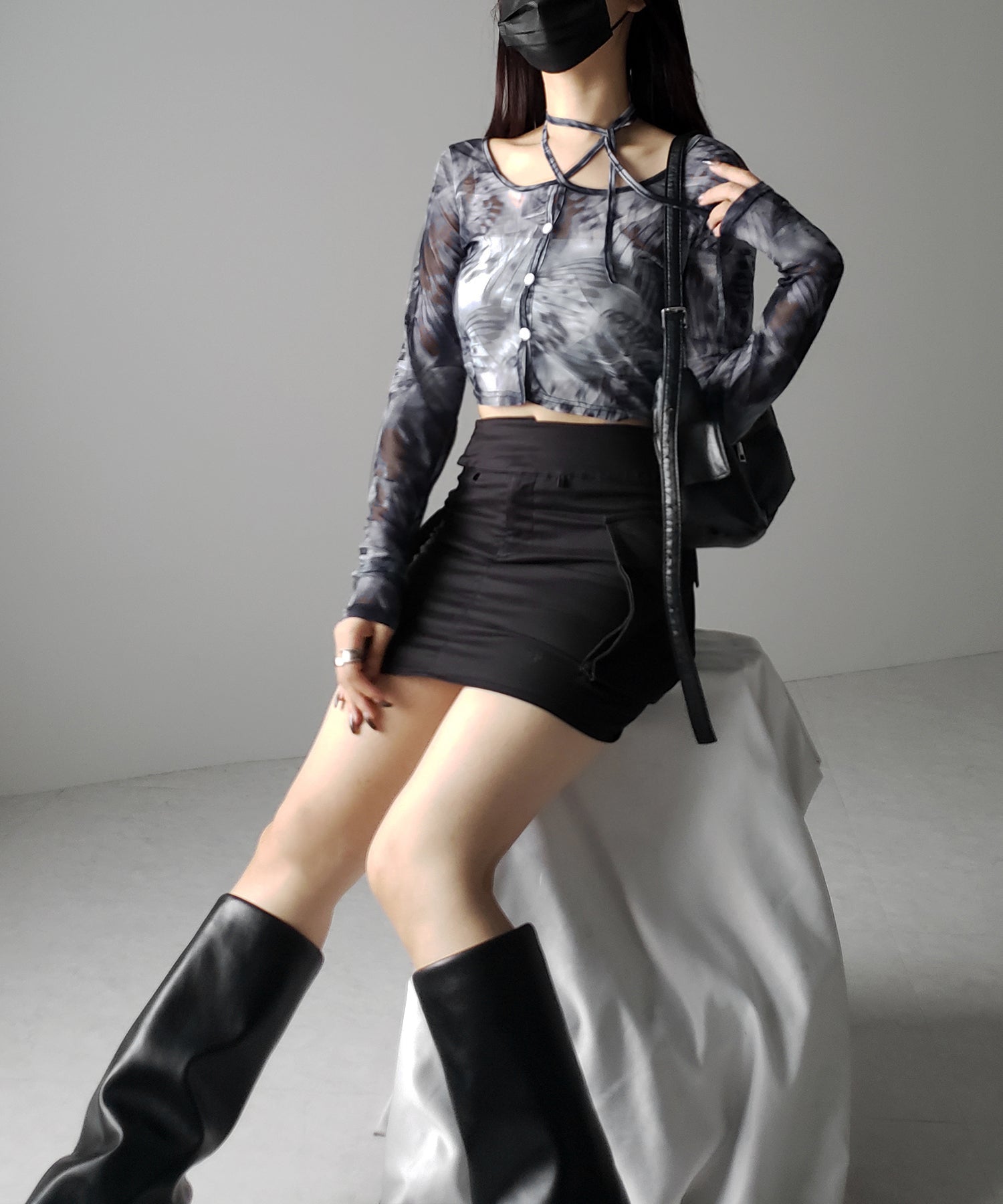 【 3color / 2WAY 】クロスストラップリボンシアーショートカーディガン / cross strap ribbon sheer short cardigan
