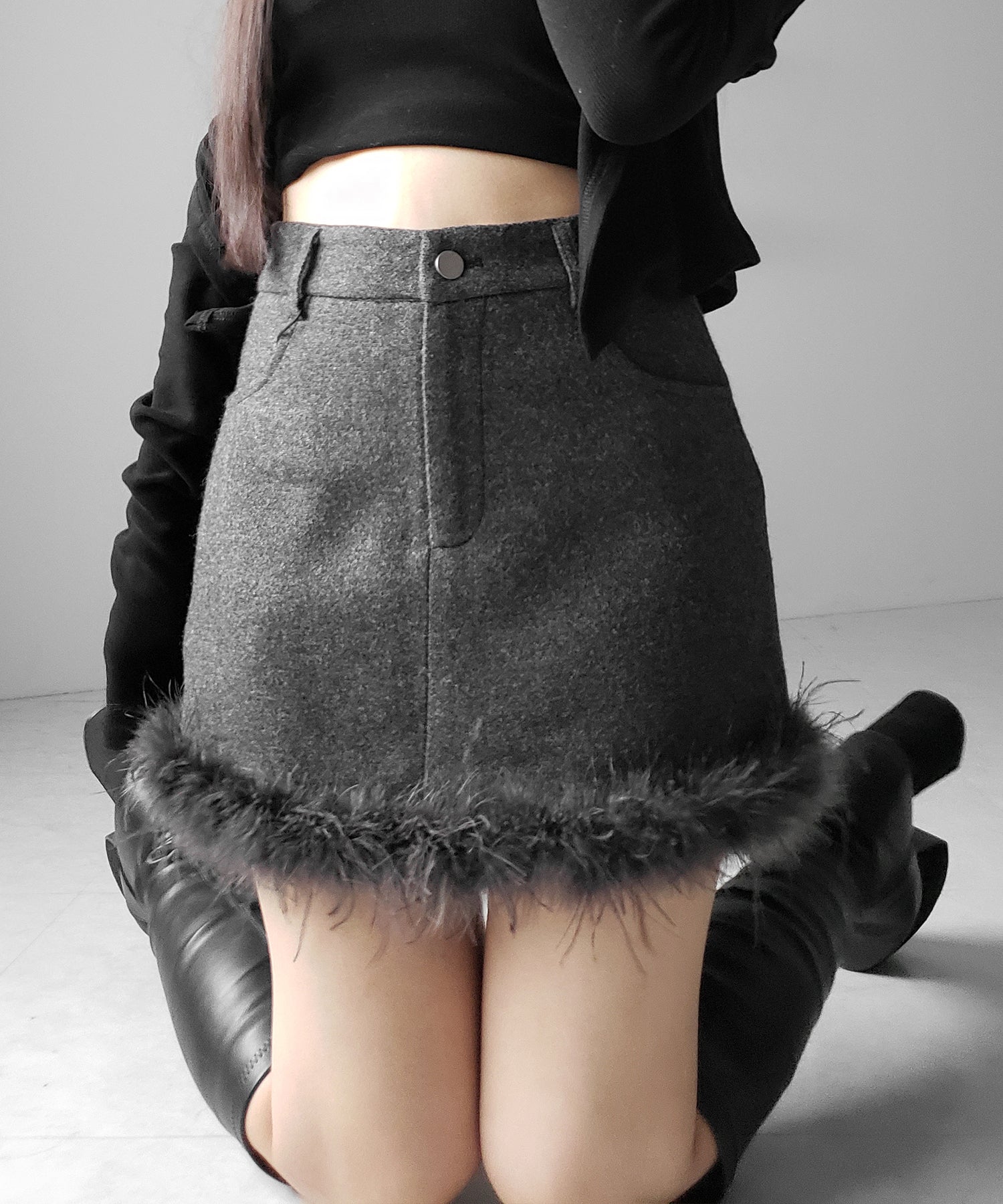 【 インナーパンツ裏地付 】ファードッキングウールライクレディミニスカート / fur docking woollike lady mini skirt