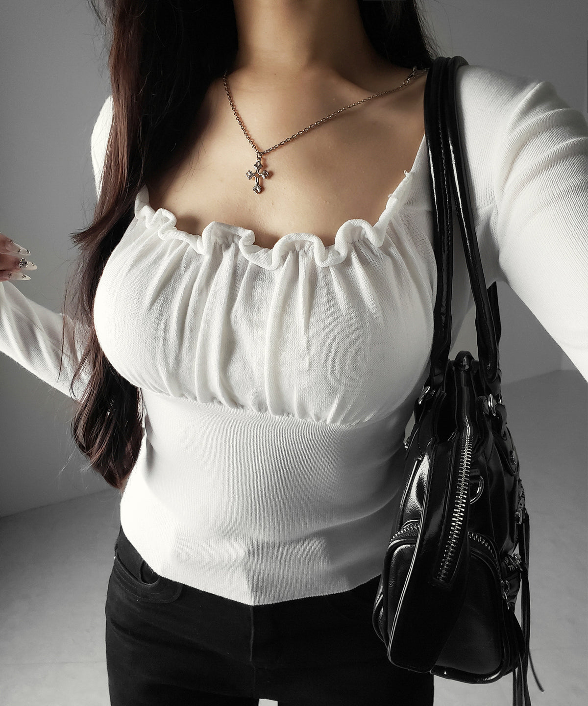 フリルギャザースクエアネック長袖ニットトップス / frill gather square neck longsleeve knit tops