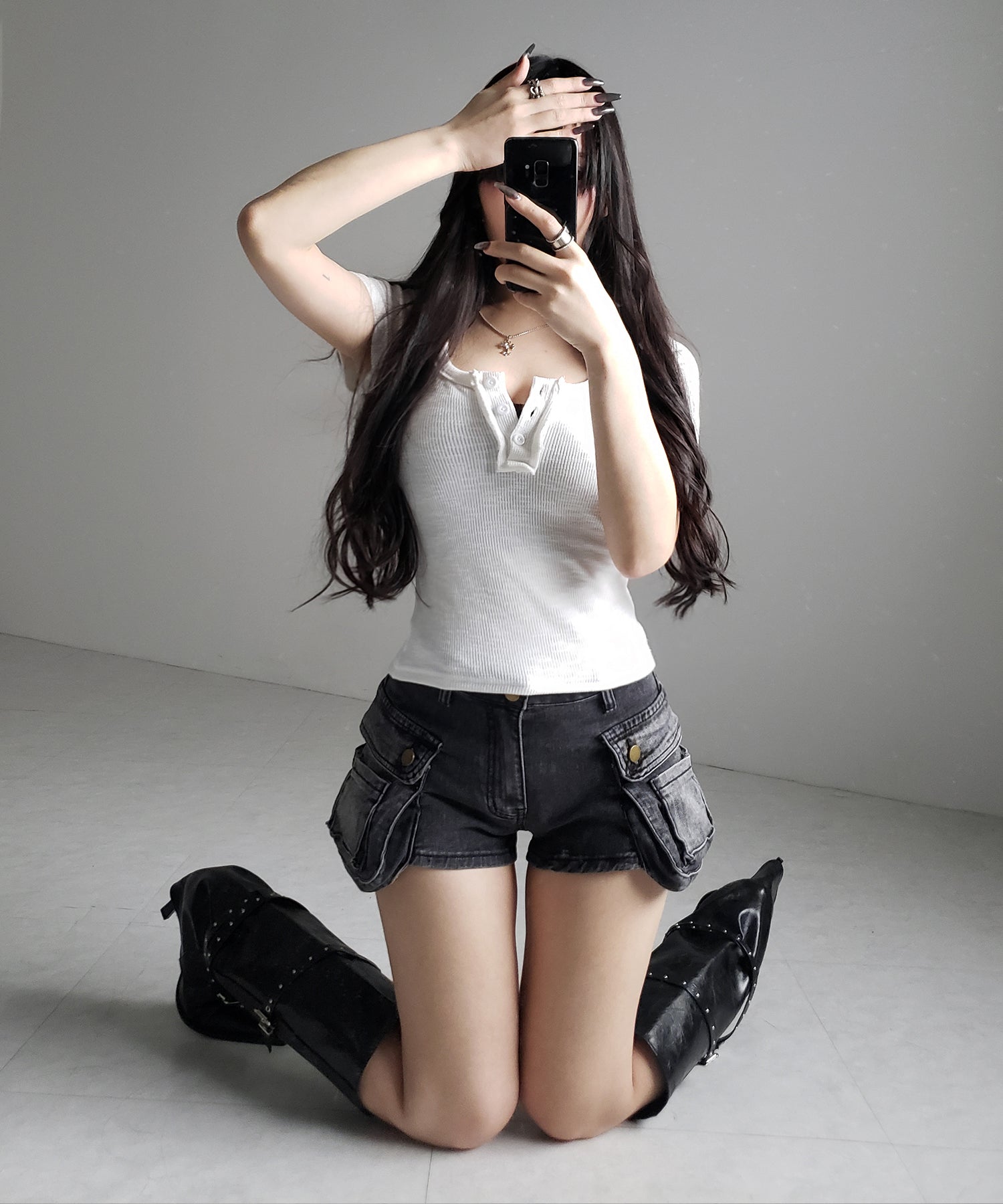 スクエアヘンリーネック半袖ピチTシャツ /square henley neck short sleeve pichi T-Shirt