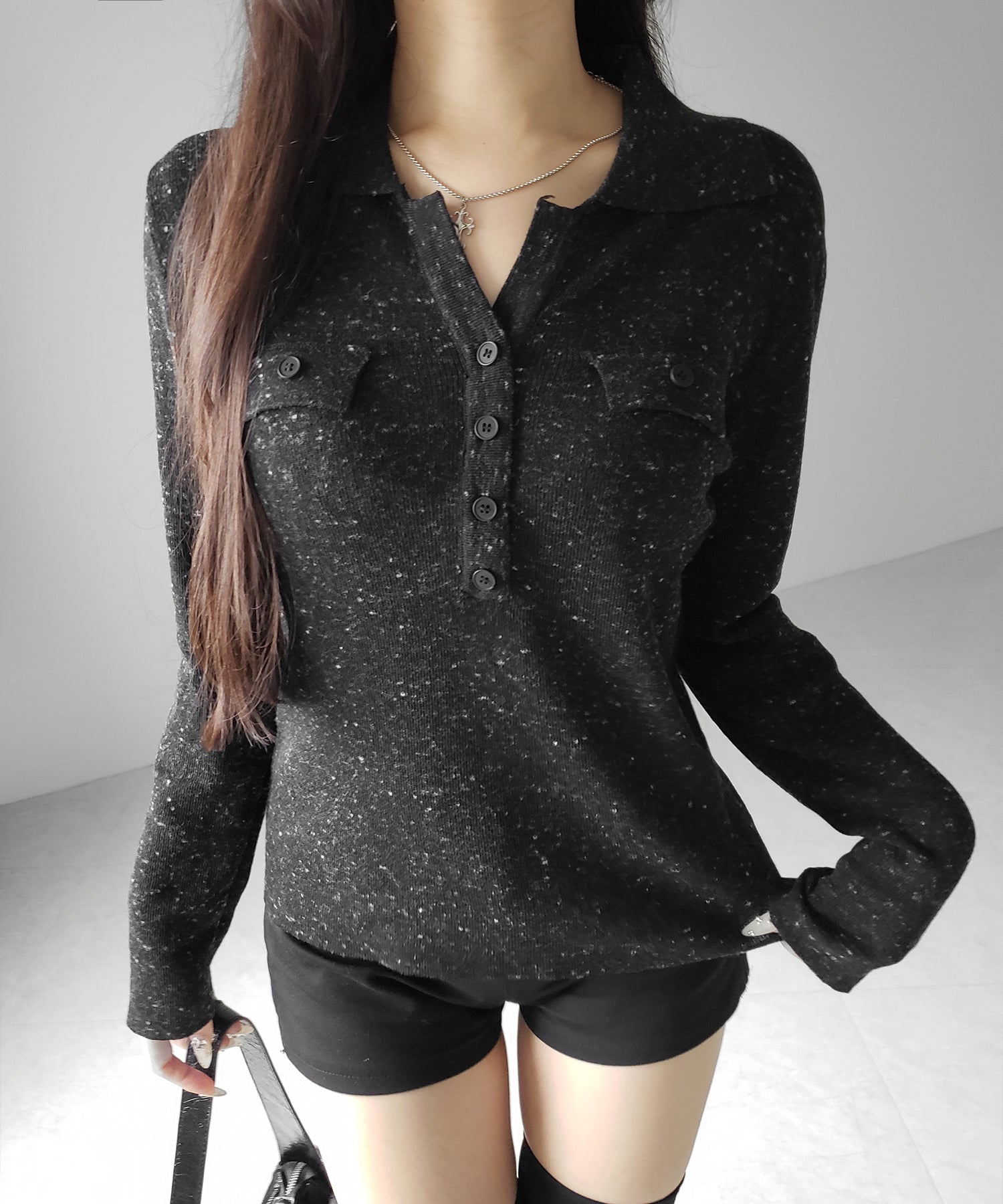 スキッパーボタン長袖ロングニットトップス / skipper button long sleeve long sheer knit tops