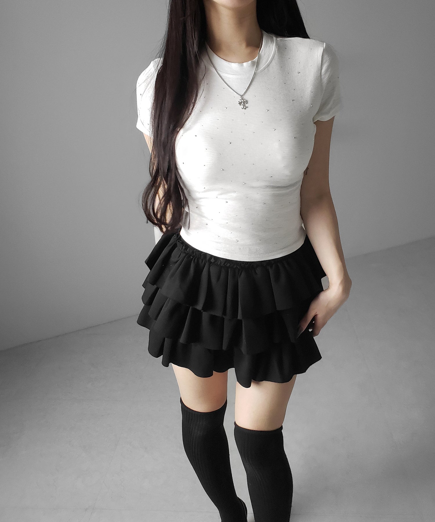 ラインストーン半袖タイトTシャツ / Rhinestone short sleeve tight T-shirt