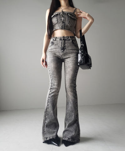 【 セットアップ 】ヴィンテージライクデニムビスチェ + ストレッチフレアデニム SET / 【 SET UP 】 vintage like denim bustier + stretch flare denim