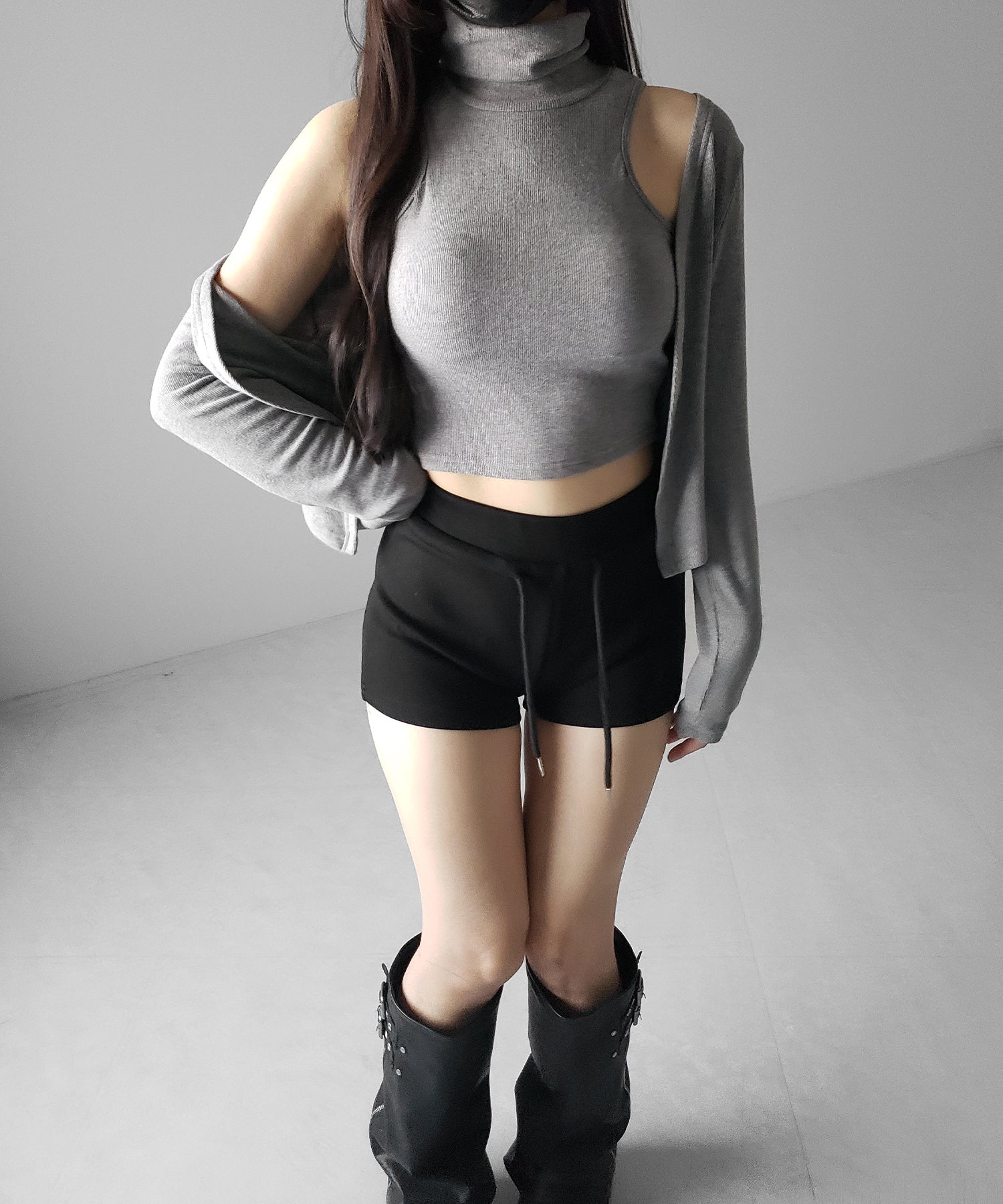 【 裏微起毛 / 2点セット 】ハイネックノースリーブトップス + ショートカーディガン SET / high neck nosleeve tops + short cardigan SET